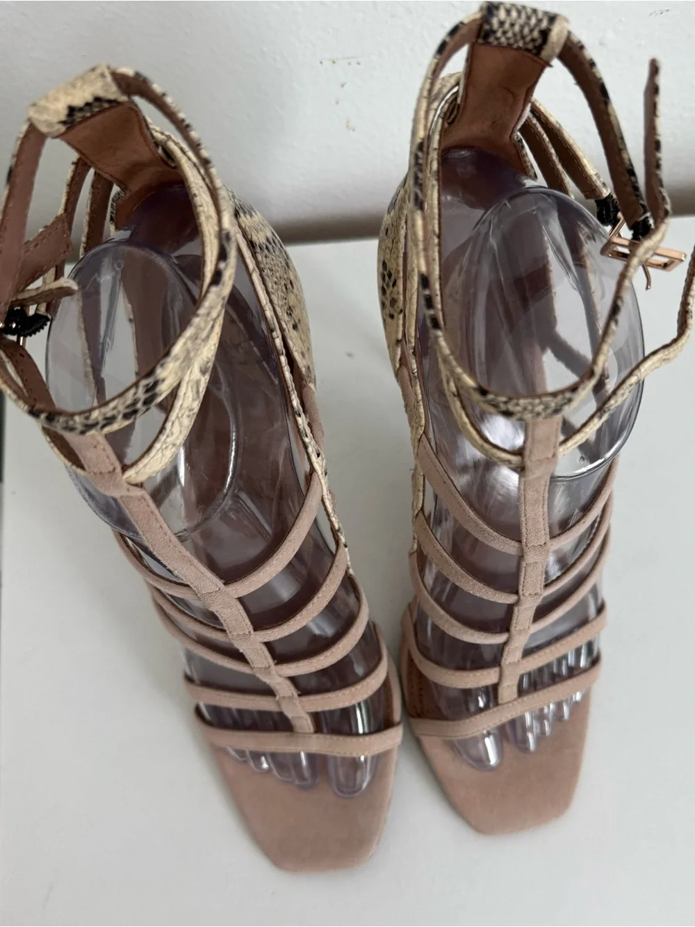 BCBGMaxAzria Nude Taupe Strappy High Heel Sandals with Snake-Print Trim